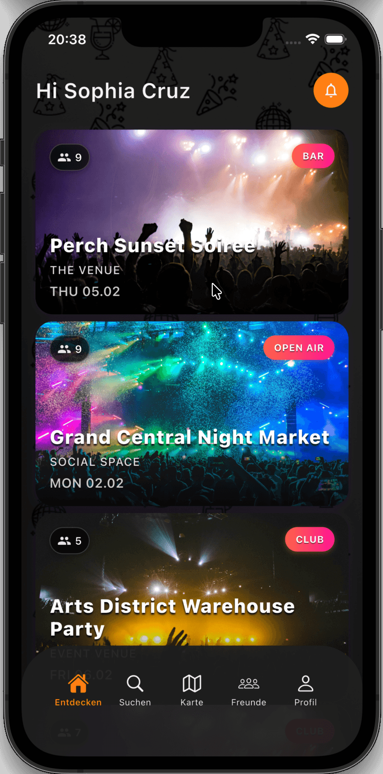 Hotspots app — discover events feed