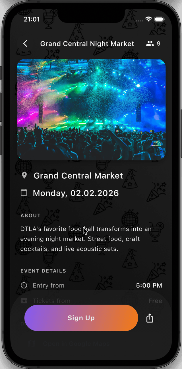 Event detail view with venue, date and one-tap sign up