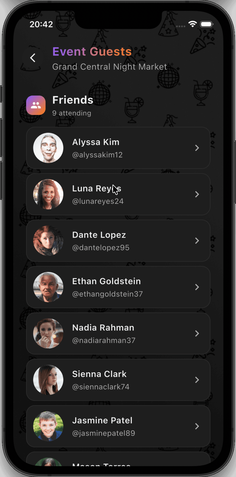 Event guest list showing friends attending