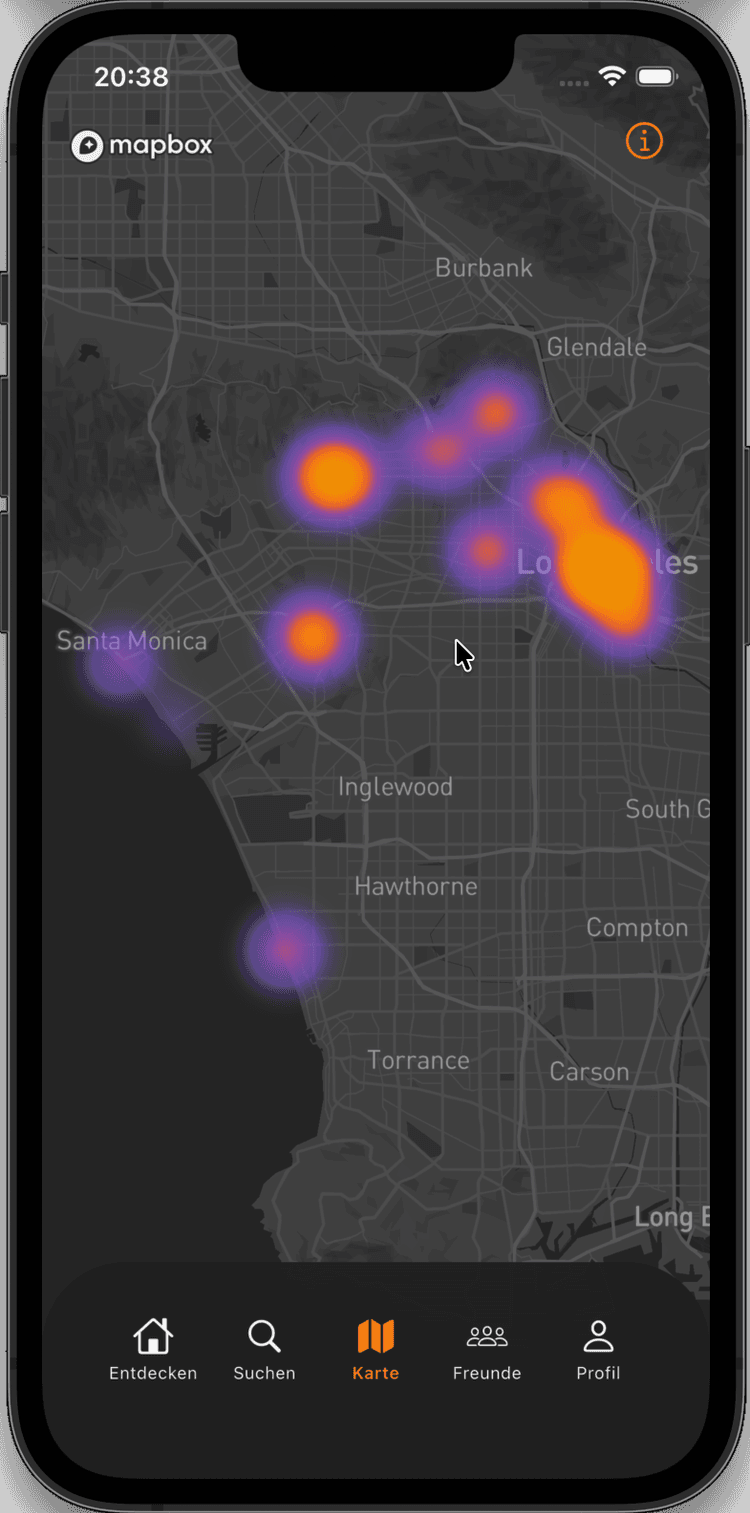 Hotspots app showing a live heatmap of Los Angeles nightlife